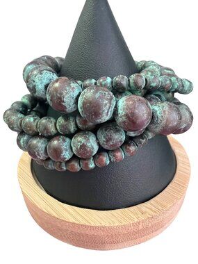 Copper Patina Tone Beaded Stretch Bracelet 5 Strands Different Size Beads Adj